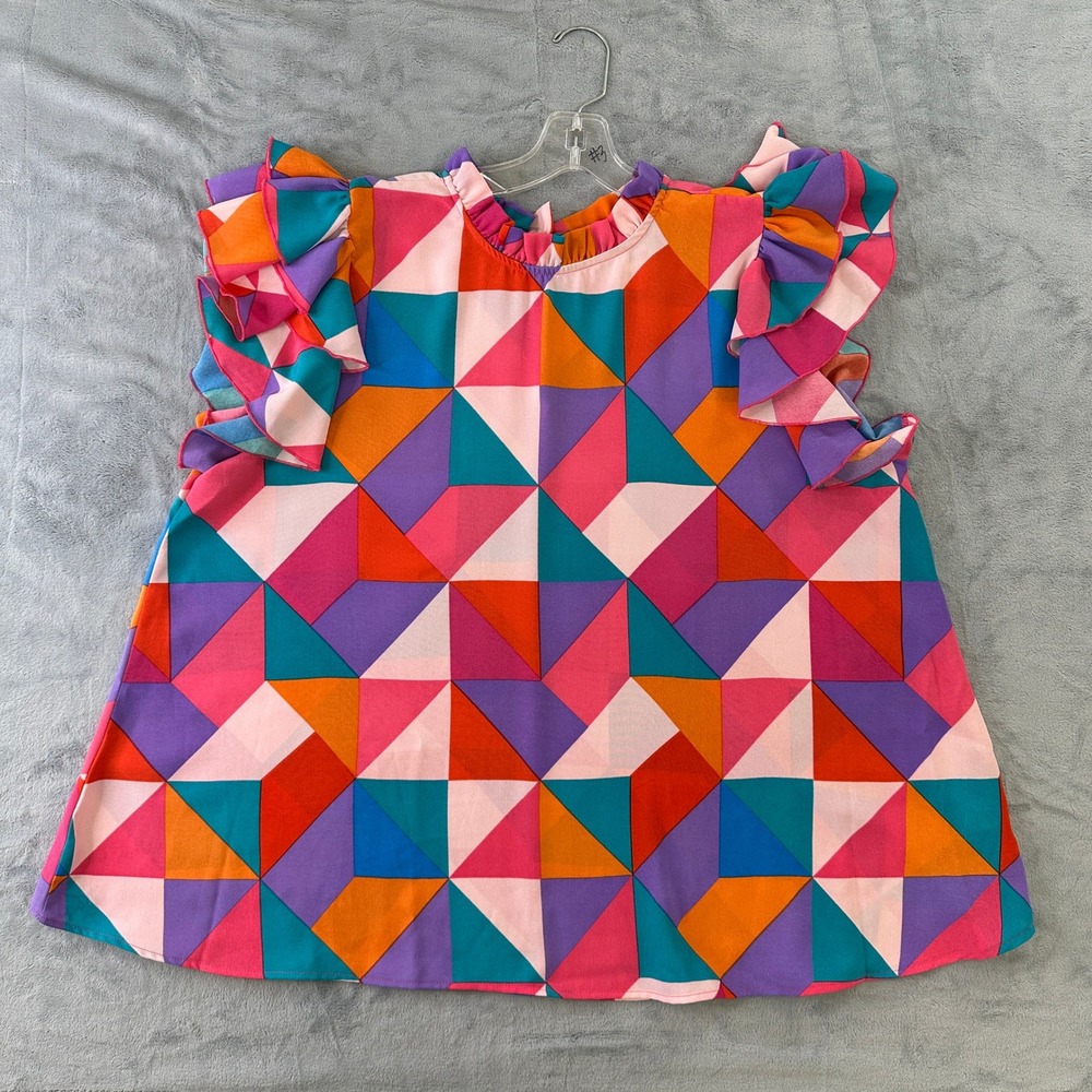 Haptics by Holly Harper Geometric Ruffle Sleeve Blouse Pink Orange Multi 1X
